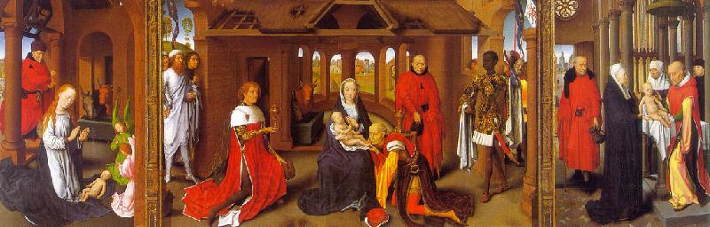 Hans Memling Triptych featuring The Nativity, The Adoration of the Magi The Presentation in the Temple